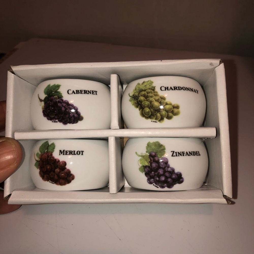 Skye McGhie Wine-Themed Ceramic Napkin Rings in original package- collectible